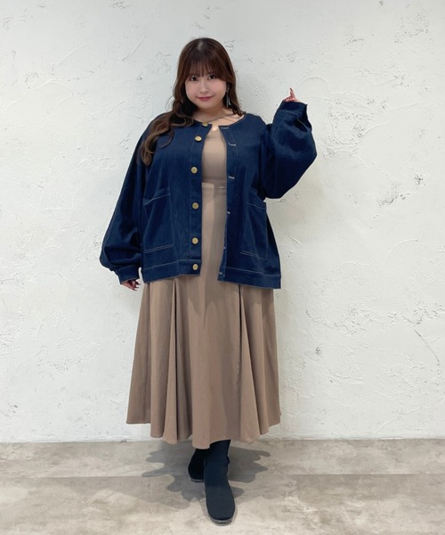 大きいサイズ】つけ襟+ノーカラーデニムジャケット（ノーカラー