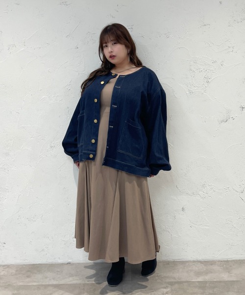 大きいサイズ】つけ襟+ノーカラーデニムジャケット（ノーカラー