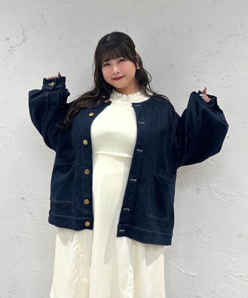 大きいサイズ】つけ襟+ノーカラーデニムジャケット（ノーカラー