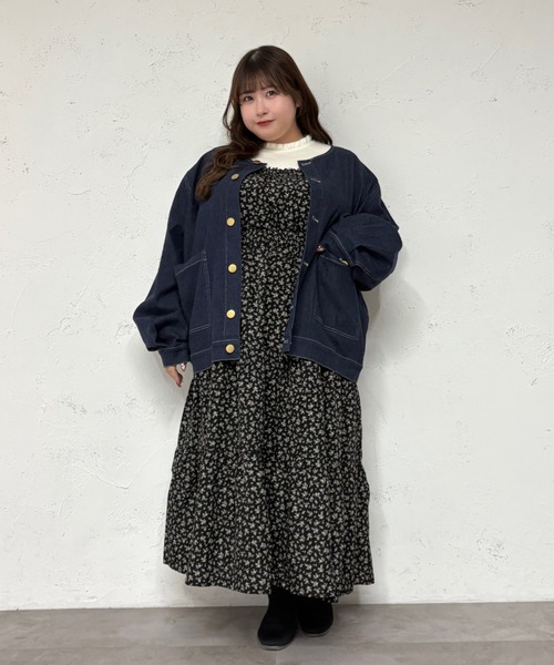 大きいサイズ】つけ襟+ノーカラーデニムジャケット（ノーカラー