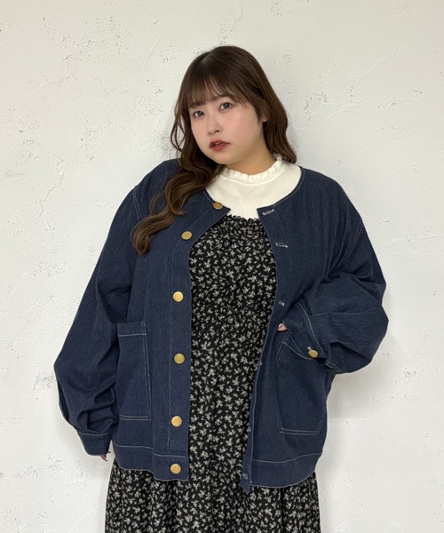 セール】【大きいサイズ】つけ襟+ノーカラーデニムジャケット（ノー