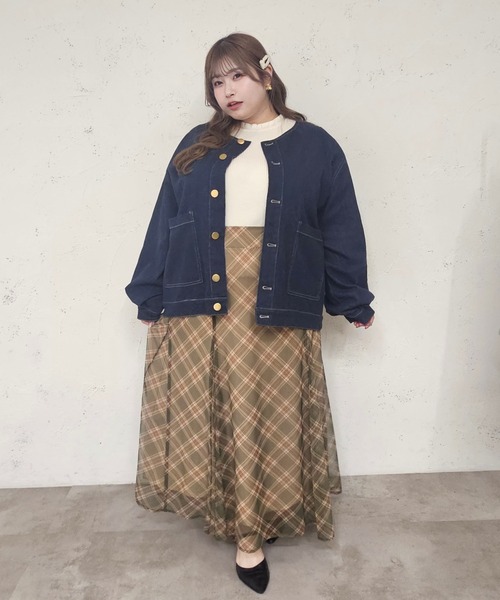 大きいサイズ】つけ襟+ノーカラーデニムジャケット（ノーカラー