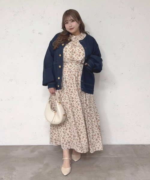 大きいサイズ】つけ襟+ノーカラーデニムジャケット（ノーカラー