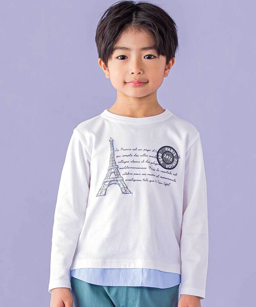 エッフェル塔レタープリントレイヤード風長袖Tシャツ(90~150cm)（Tシャツ/カットソー）｜BeBe（ベベ）