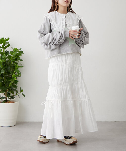 w closet（ダブルクローゼット）の「ワッシャーロングスカート（スカート・レディース・アイボリー/オフホワイト/ブラック・FREE）」の8枚目の写真