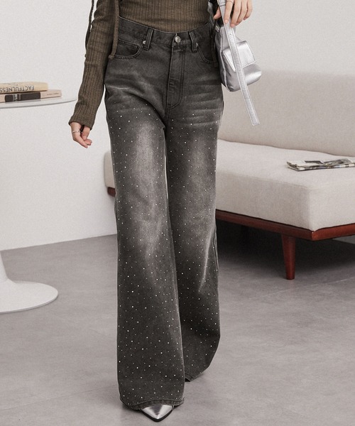 ラインストーンヴィンテージライクフレアデニムパンツ MONO-MART│MONO