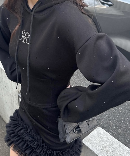 ROYAL PARTY（ロイヤルパーティー）の「ウエストシェイプラインストーンフーディー（パーカー・レディース・ブラック/オフホワイト/グレー・FREE）」の3枚目の写真