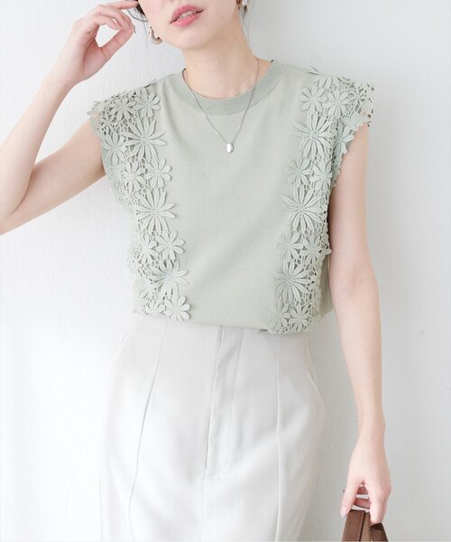 natural couture(ナチュラルクチュール)の「【canami】レース×ニットコンビノースリTOPS(ニット/セーター・レディース・サックスブルー/グレイッシュベージュ/ネイビー/ラベンダー/ミント・FREE)」の21枚目の写真