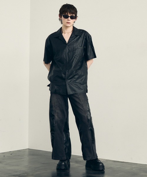 セール】Synthetic leather open collar short sleeve shirt
