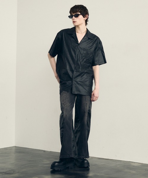 セール】Synthetic leather open collar short sleeve shirt