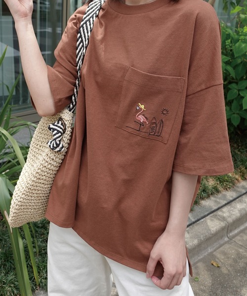 CORNERS（コーナーズ）の「アニマル刺繍Tシャツ（Tシャツ/カットソー・レディース・ブラウン/ピンク/ネイビー/ホワイト/ミント/グレイッシュベージュ・FREE）」の9枚目の写真