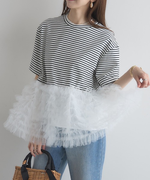 &. NOSTALGIA(アンドドットノスタルジア)の「【ZOZO限定】ボリュームチュールティアードトップス(Tシャツ/カットソー・レディース・ブラック×ホワイト/ブラック/オフホワイト・M)」の2枚目の写真