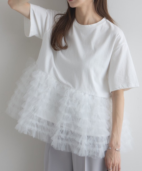 &. NOSTALGIA(アンドドットノスタルジア)の「【ZOZO限定】ボリュームチュールティアードトップス(Tシャツ/カットソー・レディース・ブラック×ホワイト/ブラック/オフホワイト・M)」の7枚目の写真