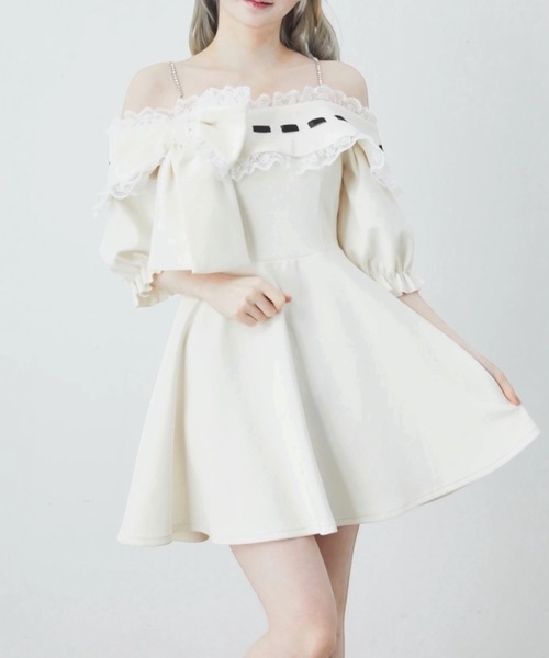 Ank Rouge(アンクルージュ)の「リボンオフショルカットOP(ワンピース・レディース・ホワイト/ブラック/ピンク・M)」の10枚目の写真
