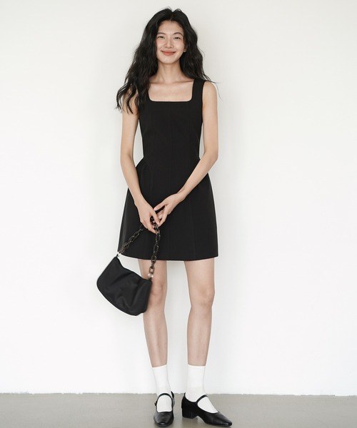 新品 jose moon スクエアネック サテン ミニワンピース ブラック JOSE MOON（ジョゼムーン）の「SHEER COMBI SATIN DRESS/シアー
