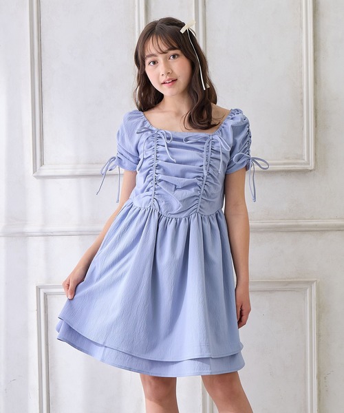 Amourire girl（アムリールガール）の「袖2WAYシャーリングリボンワンピース（ワンピース・キッズ・ブラック/サックスブルー・130cm/140cm/150cm/160cm）」の9枚目の写真