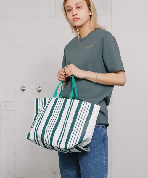 HOLLINGWORTH COUNTRY OUTFITTERS(ホリングワース カントリーアウトフィッターズ)の「HOLLINGWORTH COUNTRY OUTFITTER/ホリングワース カントリーアウトフィッターズ ストライプBIGトートバッグ(ショルダーバッグ・レディース・グリーン系2/グリーン系1・FREE)」の7枚目の写真