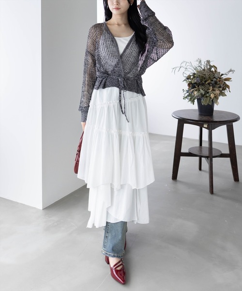 CLEAR BASIC（クリアベーシック）の「ウエストリボンメッシュ長袖カーディガン[着回し抜群 大人 カジュアル]≪SS新作≫（ニット/セーター・レディース・ブラック/ブルー・F）」の3枚目の写真