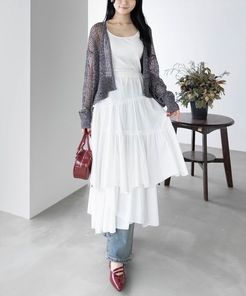 CLEAR BASIC（クリアベーシック）の「ウエストリボンメッシュ長袖カーディガン[着回し抜群 大人 カジュアル]≪SS新作≫（ニット/セーター・レディース・ブラック/ブルー・F）」の4枚目の写真