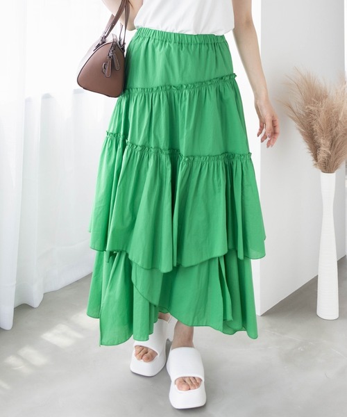 CLEAR BASIC（クリアベーシック）の「【低身長サイズ有】コットンティアードフリルスカート [着回し力抜群 大人 カジュアル]（スカート・レディース・グリーン/チャコールグレー/オフホワイト・F/XS）」の4枚目の写真