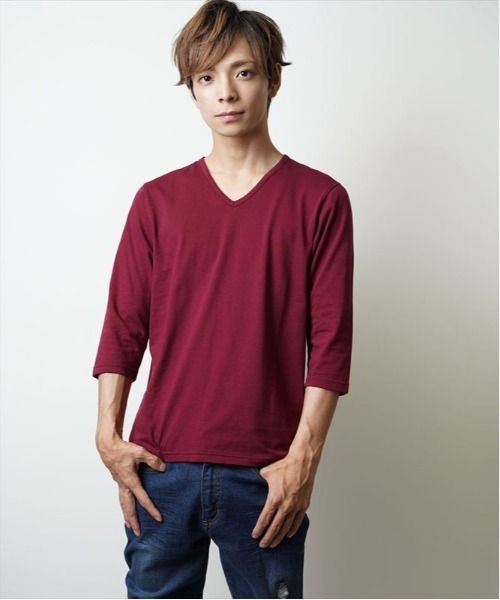 garsonwave(ギャルソンウェーブ)の「日本製ピュア天竺七分袖Vネックカットソー(GW)(Tシャツ/カットソー・メンズ・チャコール/ライトグレー/ワイン/サックスブルー/スモークピンク/ブルー/カーキ/ホワイト/レッド・S/M/LL/L)」の19枚目の写真