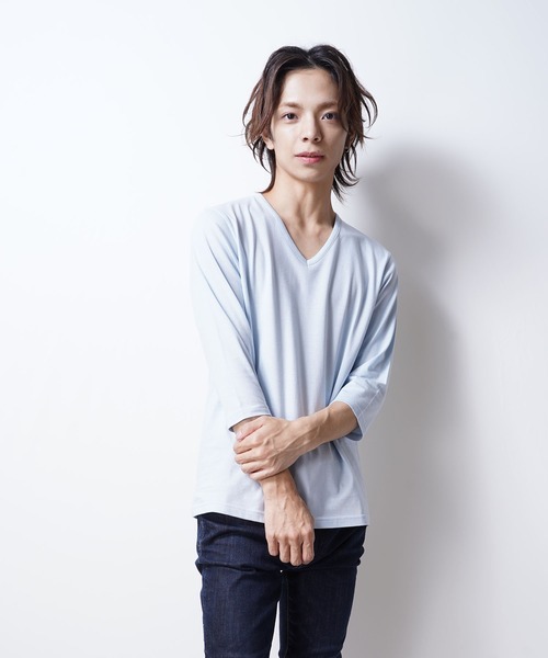 garsonwave(ギャルソンウェーブ)の「日本製ピュア天竺七分袖Vネックカットソー(GW)(Tシャツ/カットソー・メンズ・チャコール/ライトグレー/ワイン/サックスブルー/スモークピンク/ブルー/カーキ/ホワイト/レッド・S/M/LL/L)」の15枚目の写真