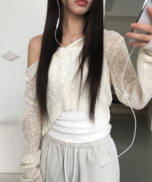 anyonemore（エニワンモア）の「テープヤーン透かし編みクロップドフードニットカーディガン（カーディガン/ボレロ・レディース・アイボリー/ブラック/カーキ・FREE）」の12枚目の写真