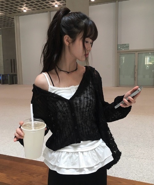 anyonemore（エニワンモア）の「テープヤーン透かし編みクロップドフードニットカーディガン（カーディガン/ボレロ・レディース・アイボリー/ブラック/カーキ・FREE）」の18枚目の写真