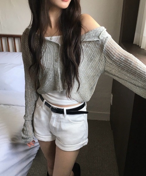 anyonemore（エニワンモア）の「テープヤーン透かし編みクロップドフードニットカーディガン（カーディガン/ボレロ・レディース・アイボリー/ブラック/カーキ・FREE）」の14枚目の写真