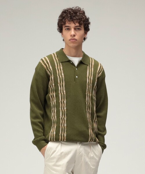 BEAMS PLUS(ビームスプラス)の「14ゲージ ボーンストライプ ニット ポロシャツ(ポロシャツ・メンズ・オリーブ/ブラック/ネイビー/ブラウン・XL/L/M/S)」の3枚目の写真