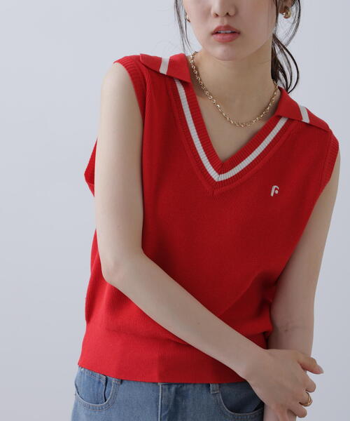 FREE'S MART（フリーズマート）の「Ｖネックポロノースリーブニット（ニット/セーター・レディース・ホワイト/レッド/ネイビー・FREE）」の3枚目の写真