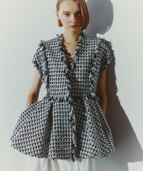 セール】コットンチェックツィードジレ（ノーカラージャケット