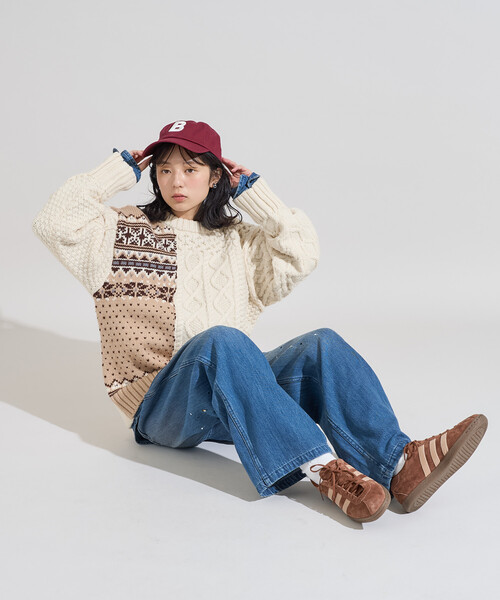 FREAK'S STORE(フリークスストア)の「ケーブル×ノルディック ドッキング ニットプルオーバー/ リメイク風ニット(ニット/セーター・レディース・ネイビー/オフホワイト・フリ-)」の12枚目の写真