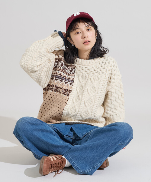 FREAK'S STORE(フリークスストア)の「ケーブル×ノルディック ドッキング ニットプルオーバー/ リメイク風ニット(ニット/セーター・レディース・ネイビー/オフホワイト・フリ-)」の13枚目の写真