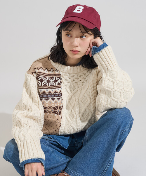 FREAK'S STORE(フリークスストア)の「ケーブル×ノルディック ドッキング ニットプルオーバー/ リメイク風ニット(ニット/セーター・レディース・ネイビー/オフホワイト・フリ-)」の19枚目の写真
