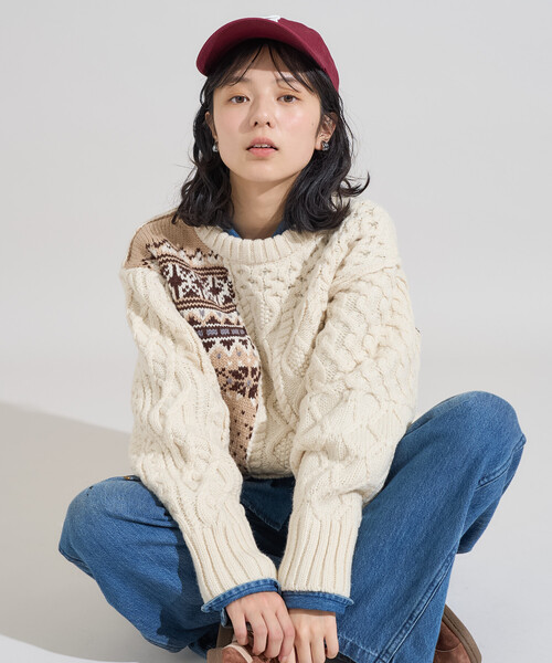 FREAK'S STORE(フリークスストア)の「ケーブル×ノルディック ドッキング ニットプルオーバー/ リメイク風ニット(ニット/セーター・レディース・ネイビー/オフホワイト・フリ-)」の20枚目の写真