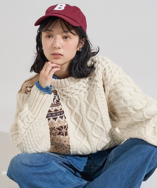 FREAK'S STORE(フリークスストア)の「ケーブル×ノルディック ドッキング ニットプルオーバー/ リメイク風ニット(ニット/セーター・レディース・ネイビー/オフホワイト・フリ-)」の21枚目の写真