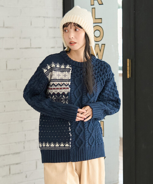 FREAK'S STORE(フリークスストア)の「ケーブル×ノルディック ドッキング ニットプルオーバー/ リメイク風ニット(ニット/セーター・レディース・ネイビー/オフホワイト・フリ-)」の3枚目の写真