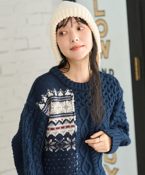 FREAK'S STORE(フリークスストア)の「ケーブル×ノルディック ドッキング ニットプルオーバー/ リメイク風ニット(ニット/セーター・レディース・ネイビー/オフホワイト・フリ-)」の5枚目の写真
