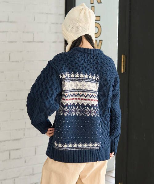 FREAK'S STORE(フリークスストア)の「ケーブル×ノルディック ドッキング ニットプルオーバー/ リメイク風ニット(ニット/セーター・レディース・ネイビー/オフホワイト・フリ-)」の7枚目の写真