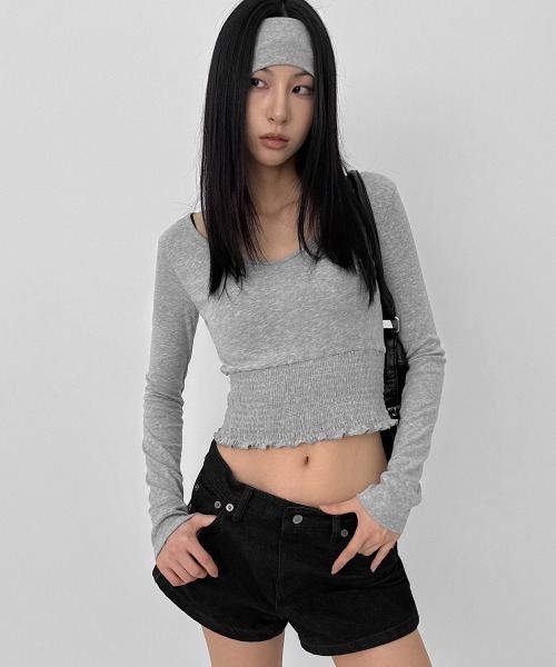 BLACKUP（ブラックアップ）の「[MADE] ニレスモーキングVネック長袖Tシャツ（Tシャツ/カットソー・レディース・ブラック/グレー・FREE）」の2枚目の写真