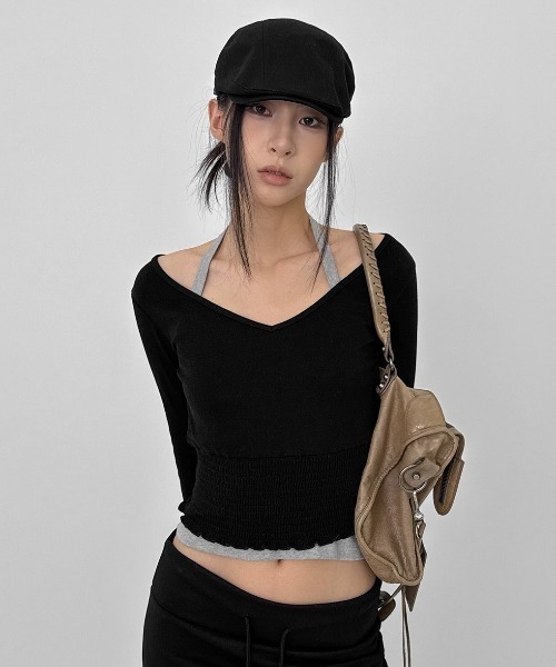 BLACKUP（ブラックアップ）の「[MADE] ニレスモーキングVネック長袖Tシャツ（Tシャツ/カットソー・レディース・ブラック/グレー・FREE）」の4枚目の写真