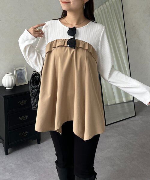 prose verse（プロズヴェール）の「イレギュラーヘムフリルドッキングAラインリブロンT（Tシャツ/カットソー・レディース・オフホワイト/ブラック・LARGE/MEDIUM）」の4枚目の写真