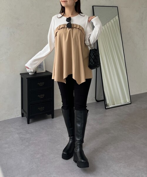 prose verse（プロズヴェール）の「イレギュラーヘムフリルドッキングAラインリブロンT（Tシャツ/カットソー・レディース・オフホワイト/ブラック・LARGE/MEDIUM）」の9枚目の写真