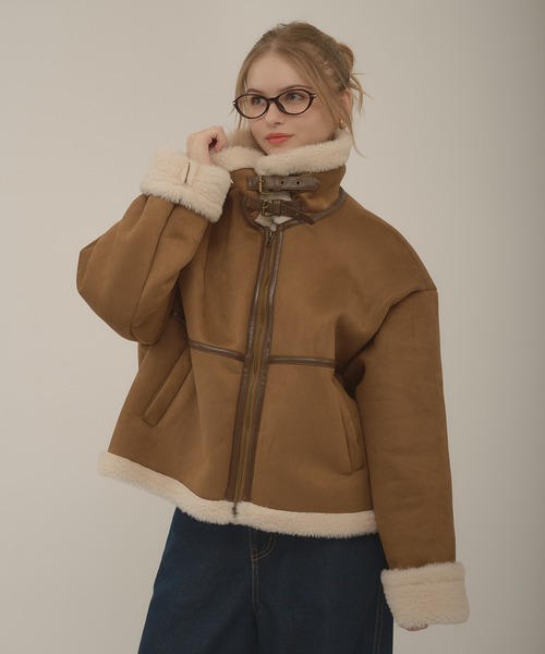 ✨ヴィンテージ リアルムートン クロップド ブルゾン ショート丈 ブラウン belt design fake mouton jacket / ベルトデザインフェイクムートン