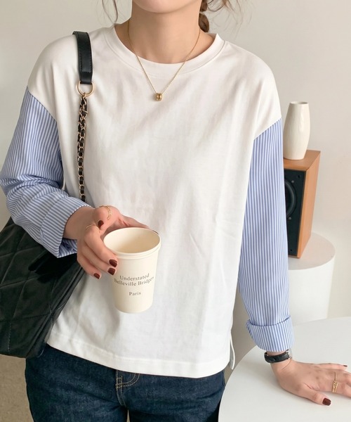 cammie(キャミー)の「袖ストライプ切り替えトップス(Tシャツ/カットソー・レディース・ブラック/ホワイト・L/M)」の2枚目の写真