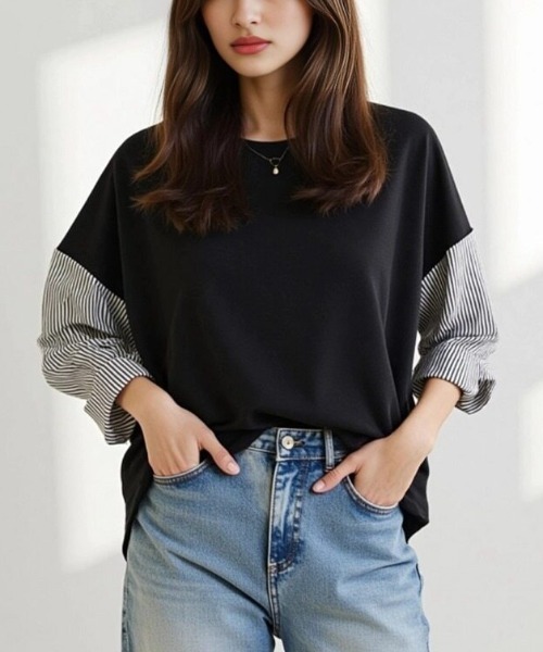 cammie(キャミー)の「袖ストライプ切り替えトップス(Tシャツ/カットソー・レディース・ブラック/ホワイト・L/M)」の3枚目の写真