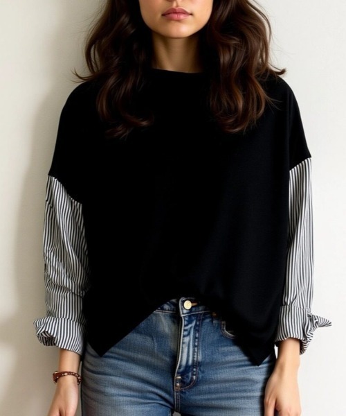 cammie(キャミー)の「袖ストライプ切り替えトップス(Tシャツ/カットソー・レディース・ブラック/ホワイト・L/M)」の5枚目の写真