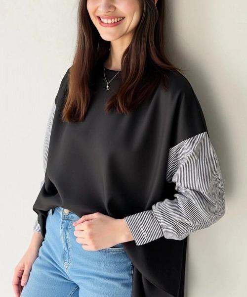 cammie(キャミー)の「袖ストライプ切り替えトップス(Tシャツ/カットソー・レディース・ブラック/ホワイト・L/M)」の7枚目の写真