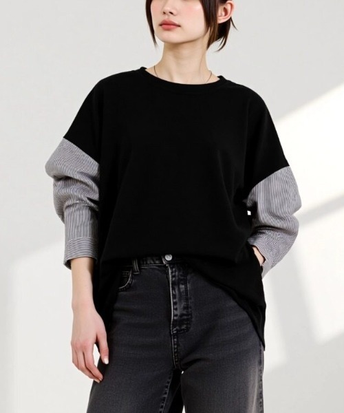 cammie(キャミー)の「袖ストライプ切り替えトップス(Tシャツ/カットソー・レディース・ブラック/ホワイト・L/M)」の8枚目の写真